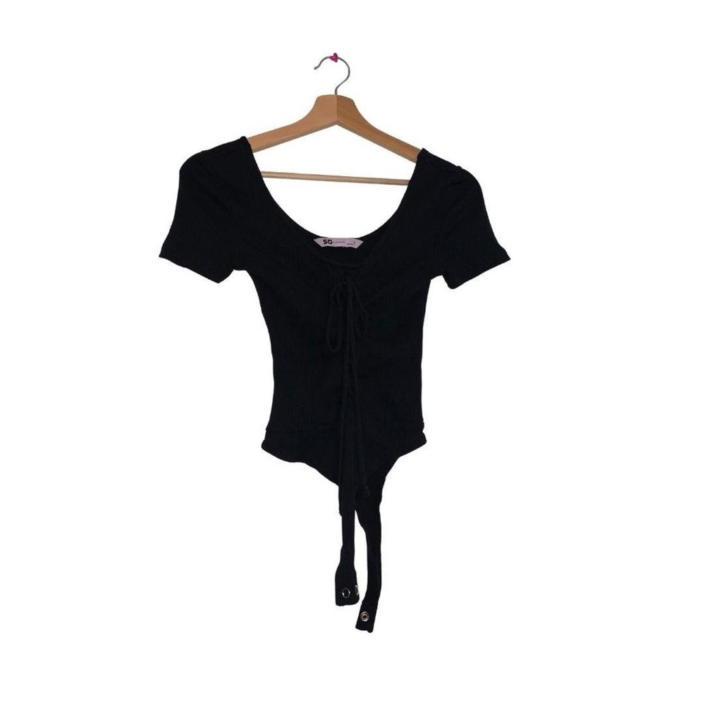 💚 SO short sleeve black bodysuit leotard with lace tie string